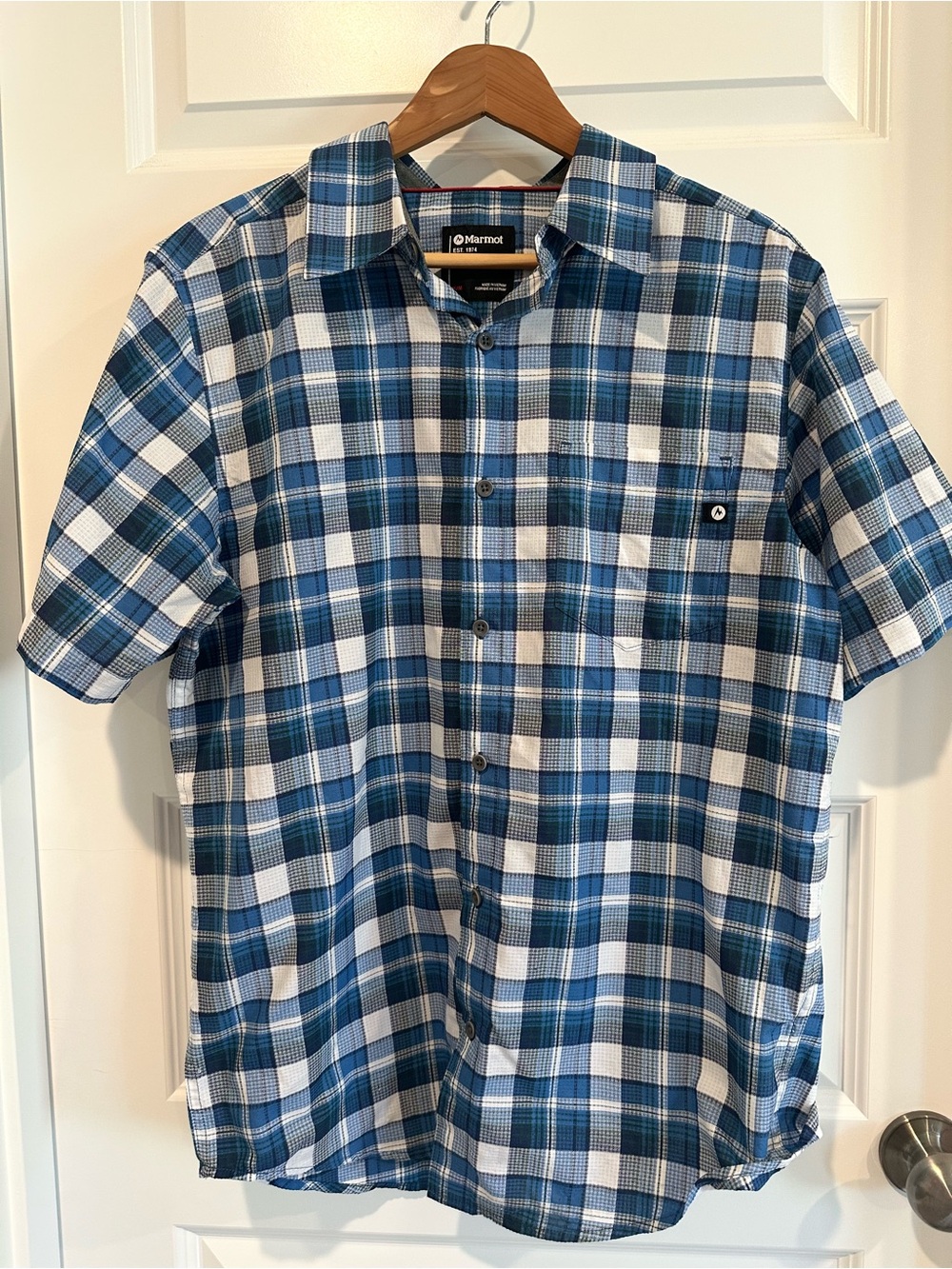 Marmot Stockton Men’s Blue Plaid Short Sleeve Hiking Button Down Shirt EUC